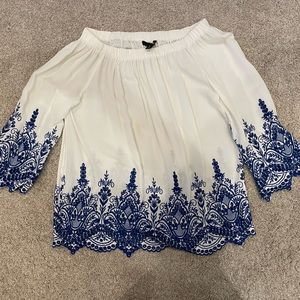 Aqua Blue & White Off the Shoulder Shirt Medium